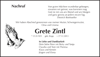 Traueranzeige von Grete Zintl von Pegnitz-Zeitung